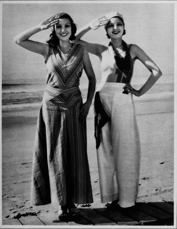 Two ladies in the 1920s wearing beach pajamas